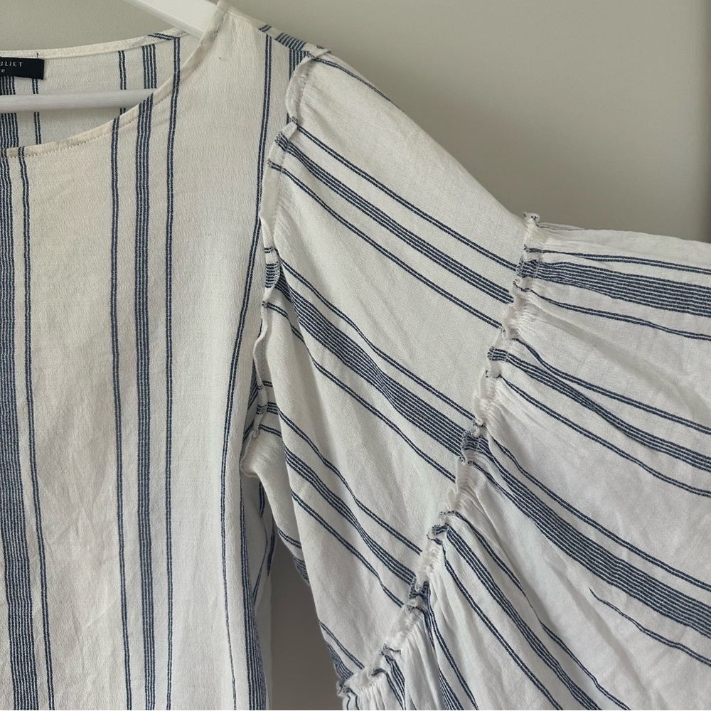 Women’s Flowy Ruffle Sleeve Boxy Crop Nautical Stripe Blue White Summer Large - Picture 3 of 10